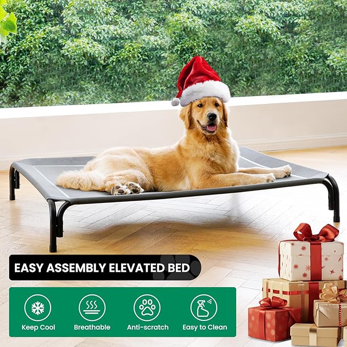 Elevated Dog Bed Raised Outdoor Dog Cot for Medium Dogs, Installation Requires No Tools, Frame with Washable Cooling Breathable Mesh Anti-Slip Feet, Indoor Pet Bed, Grey, 35.4 Inches