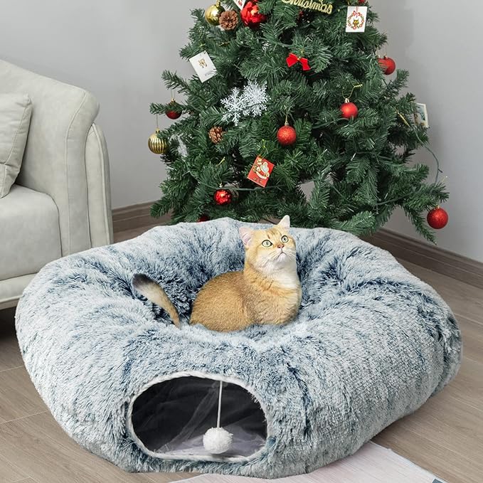 AUOON Cat Tunnel Bed - Christmas Tree Cat Tunnel, Cat Donut Tunnel with Soft Plush Circle Cushion for Indoor Cats Kitten Kitty Puppy Rabbit Ferret (Gray)