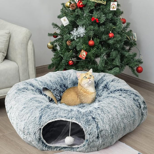 AUOON Cat Tunnel Bed - Christmas Tree Cat Tunnel, Cat Donut Tunnel with Soft Plush Circle Cushion for Indoor Cats Kitten Kitty Puppy Rabbit Ferret (Gray)