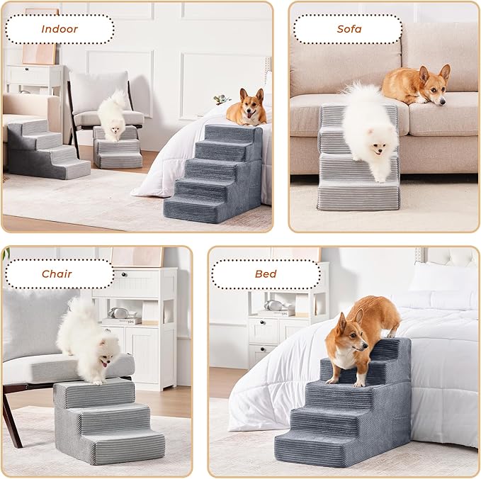 HYLEORY Dog Stairs for Bed 13.5''H, 3-Step Pet Stairs for Small Dogs Cats, Sturdy Pet Steps with Non-Slip Bottom, Functional Portable Dog Ramp for Couch/Chair/Sofa/Car, Storage Pocket, Grey-Light Grey