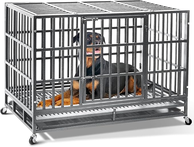 Oranland 48 inch Heavy Duty Indestructible Dog Crate,2025 New Upgraded Reinforced Baseplate for Large Dogs,XL Dog Crate for High Anxiety Dogs/Max Load Capacity 250lbs/Double Door with Wheels（Silver）