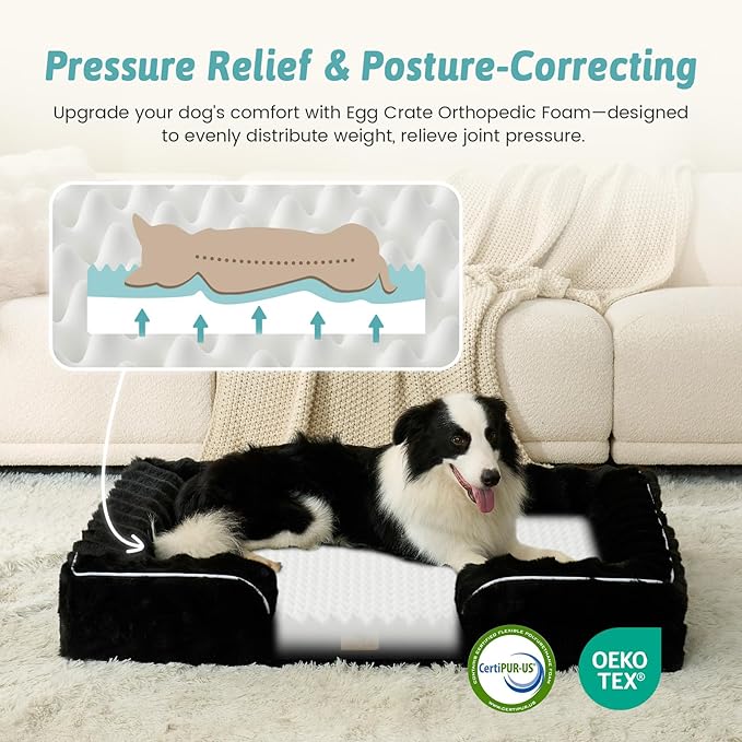Orthopedic Dog Bed for Medium Small Size Dog, Soft and Warm Faux Fur Sofa for Pet Up to 40 lbs, Foam Bolster Anti-Slip Couch with Washable Removable Cover, M 30x20x6.5 inch, Black