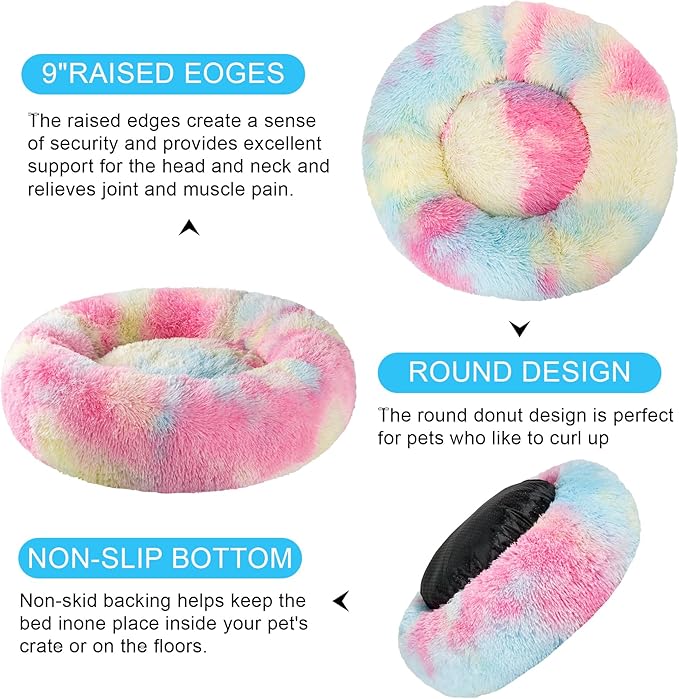 Dog Calming Beds for Small Medium Large Dogs - Round Donut Washable Puppy Dog Bed, Anti-Slip Faux Fur Fluffy Donut Cuddle Anxiety Cat Pet Bed(24'' Color)