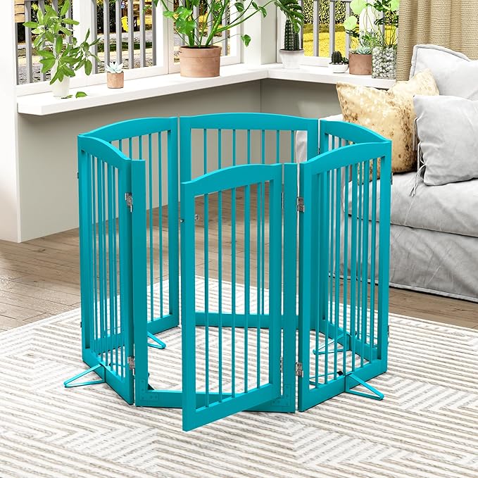 Freestanding Pet Gate with Door, Tall Dog Gate for House, Extra Wide, Pet Puppy Safety Fence, Support Feet Included, 120 Inch Wide, 6 Panels 32" Tall, Blue