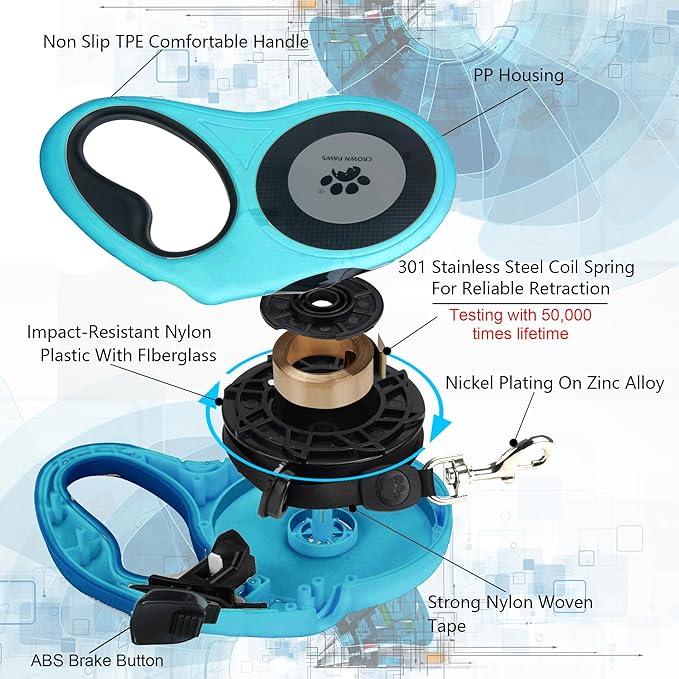 16 ft Retractable Dog Leash for Extra Large Dogs up to 130 lbs,Tangle-Free Nylon Tape,Blue Dan24 XL