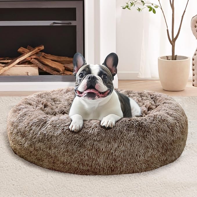 JOLLYVOGUE Calming Small Dog & Cat Bed for Indoor Cats - 20 inches Washable Donut Bed for Kittens & Puppies, Anti-Anxiety Round Fluffy Plush Pet Beds (Fits up to 15 lbs, Smoke Brown)