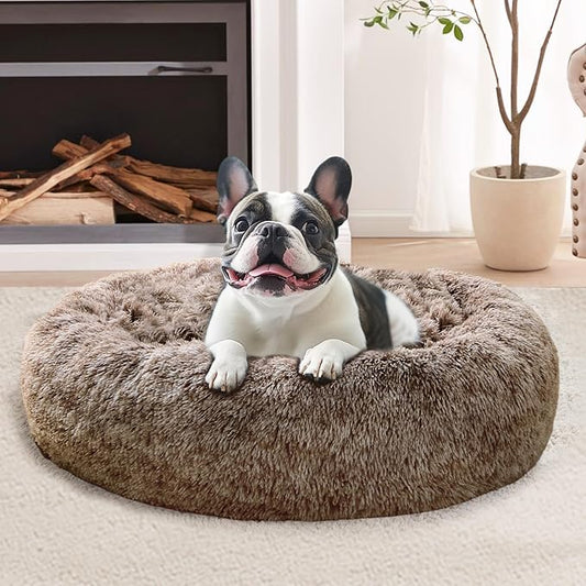 JOLLYVOGUE Calming Small Dog & Cat Bed for Indoor Cats - 20 inches Washable Donut Bed for Kittens & Puppies, Anti-Anxiety Round Fluffy Plush Pet Beds (Fits up to 15 lbs, Smoke Brown)