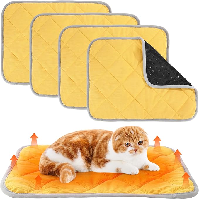 Novabright 4 Pack Self Warming Cat Bed Cat Dog Heating Pad Soft Warm Thermal Mat with Anti-Slip Bottom Dog Crate Pad for Outdoor Indoor Small Dogs Kittens (Turmeric Color,17.7 x 23.6 Inches)
