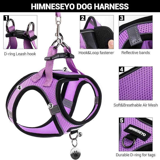 Dog Harness and Leash Set, Dog Harness for Dogs No Pull, No-Chock Step-in Reflective Breathable Lightweight Easy Walk Vest Harnesses with Safety Buckle for Small Medium Dogs, Cats (Light Purple, M)