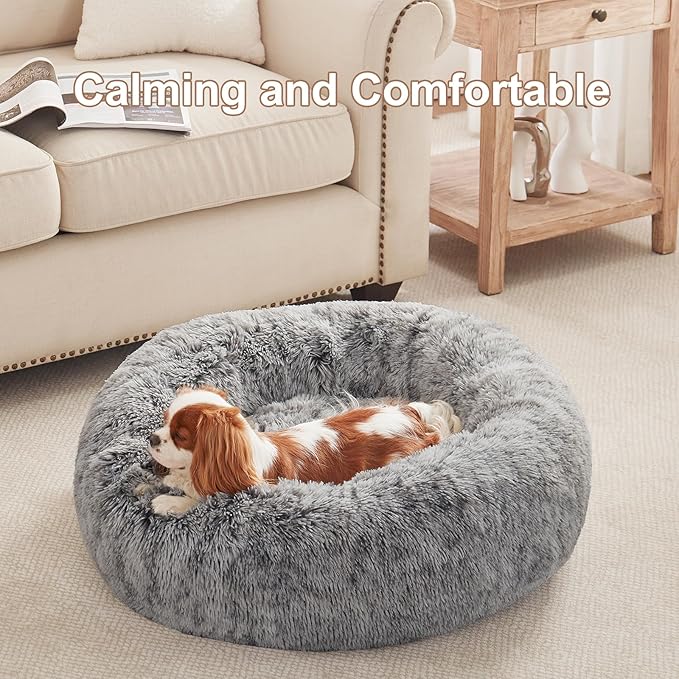 30 inches Donut Dog Bed for Medium Dogs,Calming Fluffy Round Pet Bed with Removable & Washable Cover,Fits up to 45 lbs Pets(Dark Grey,Medium)