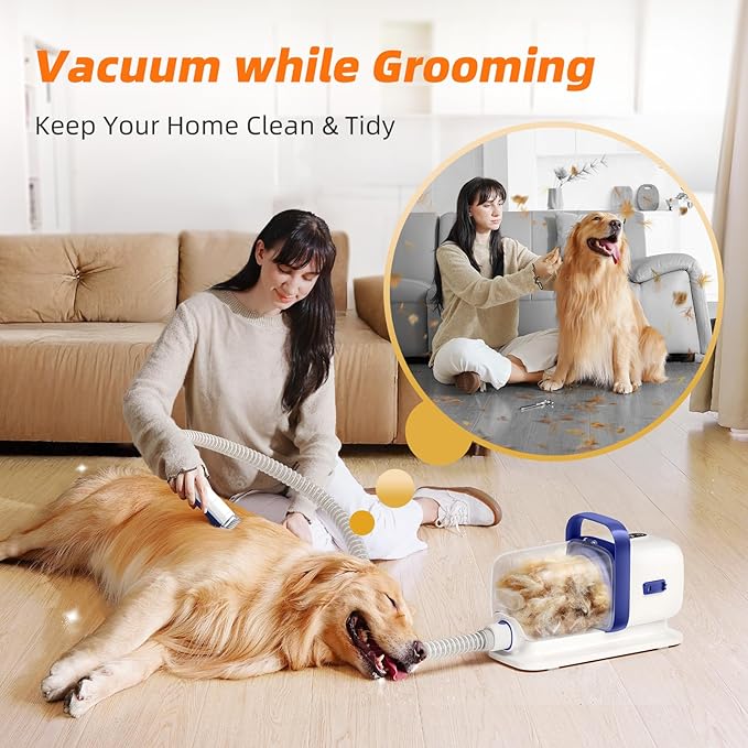 Dog Grooming Kit with Vacuum, 15000Pa Pet Hair Clipper and Shedding Brush, 50dB Low Noise, 2L Capacity, White