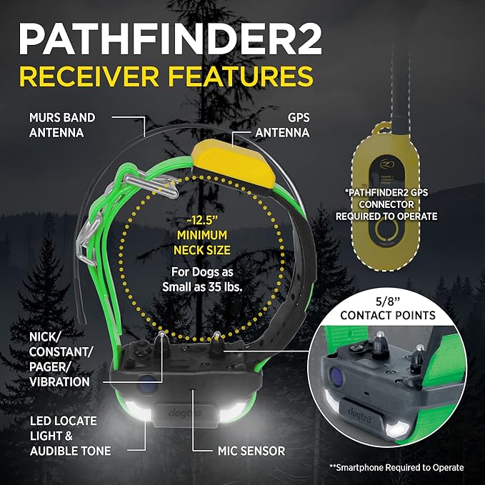 Dogtra Pathfinder 2 Additional Receiver Dog GPS Tracker e Collar Black LED Light No Monthly fees Free App Waterproof Smartwatch Control Satellite Real Time Tracking Long Range Smartphone Required