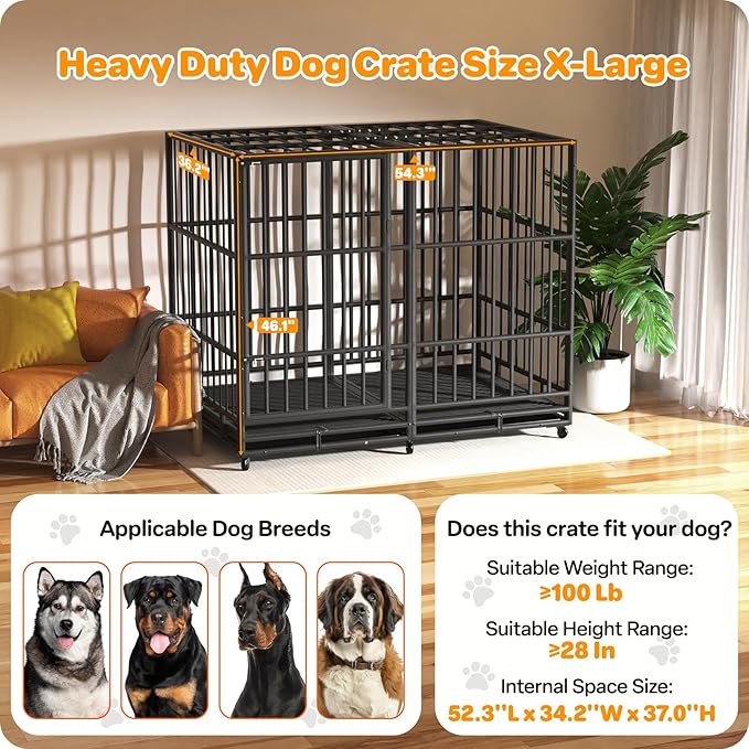 Heavy Duty Dog Crate 54 Inch, Indestructible Dog Crate with Removable Tray, Escape Proof & High Anxiety Dog Kennel Indoor, Metal Dog Cage with Wheels for Large Dogs, XL XXL XXXL