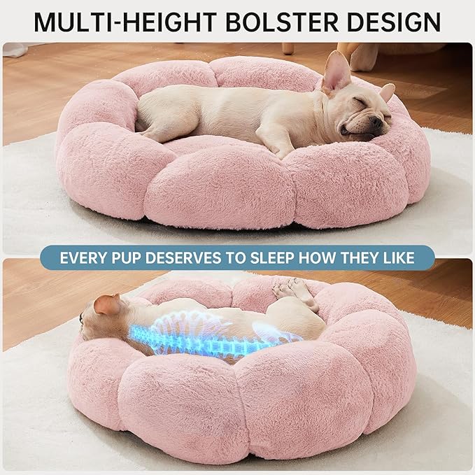 OhGeni 27 inches Calming Donut Dog & Cat Bed for Medium Pets, Warming Comfort Fluffy Short Pile Fur, Durable Machine Washable Round Bed, Cute Round Bed for Puppy and Kitten, Pink