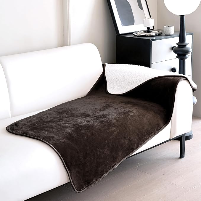 gogobunny Waterproof Bed Blanket, Reversible Sherpa Fleece Throw Blanket for Dog Puppy Cat, Furniture Cover Protects Bed Couch Sofa from Liquid Pee and Pet Fur (Dark Brown, 30x70 inches)