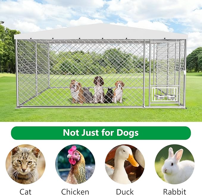 Outdoor Dog Kennel with Bowls 10x10 FT, Heavy Duty Large Outside Dog Enclosure with UV-Resistant Waterproof Sun-Proof Cover, Double Security Locks for Backyard Farm Ranch