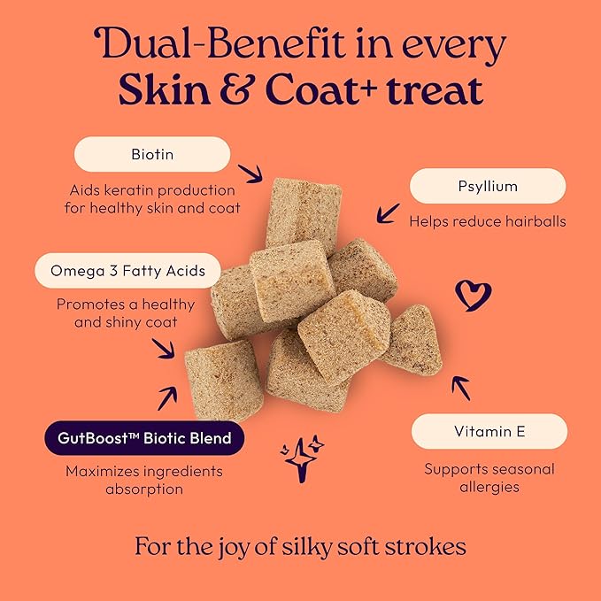 WellJoy Cat Treat Skin & Coat+ GutBoost | Nourishes Healthy Skin | Supports Shiny Coat | Dual-Benefit GutBoost Formulation | Vet Formulated | Made in USA | Real Shredded Chicken | 120 Soft Chews