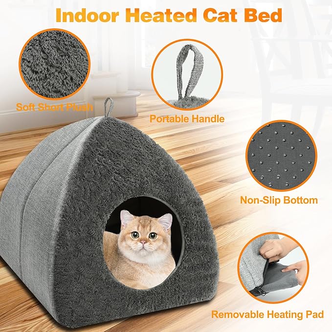 BWOGUE Indoor Heated Cat Bed, 2 in 1 Heated Cat Cave Bed with Temp Adjustable and Timer, Warming Cat Bed Thermo-Pet Nest for Indoor Cats Old Cats 16.9"×16.9"×16.1"(Light Grey Heating Mat)