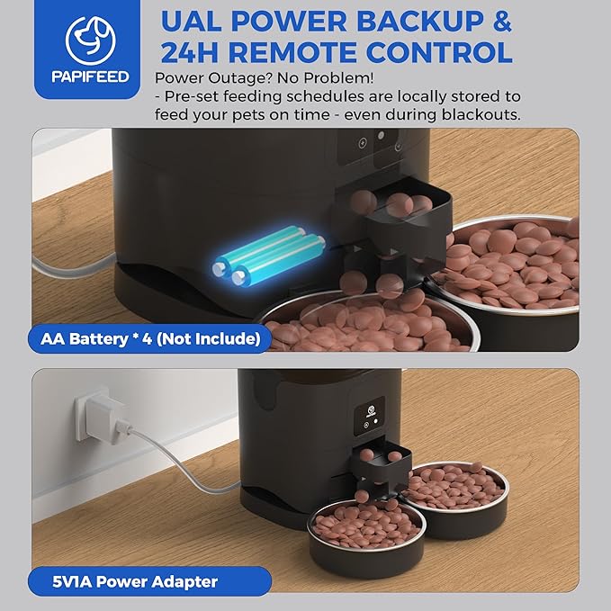 PAPIFEED Automatic Cat Feeder for 2 Cats, 2.4G WiFi Cat Food Dispenser with App Control, 7L Slow Feed Pet Feeder with 2 Stainless Bowls for Cats & Dogs, 12 Portions 10 Meals Daily - Black