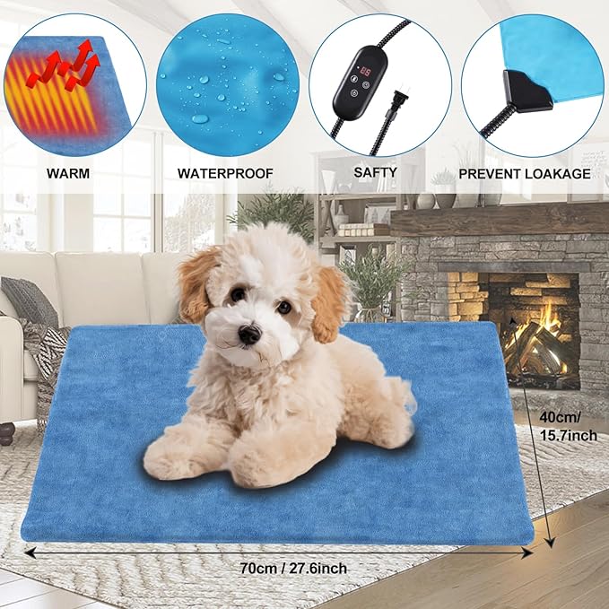 Pet Heating Pad for Dogs, Indoor Outdoor Waterproof Electric Heated Pad Mat for Cats with Chew Resistant Cord,5 Timer and 6 Level Temperature Pet Bed Warmer-15.7x27.5
