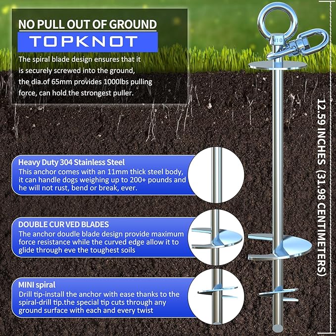 TOPKNOT Dog Tie Out Cable and Stake,20FT Heavy Duty Cable,360°Swivel Dog Run- No Tangle,Runner for Yard - Up to 200LBS,Chain for Yard Ideal for Outdoor Camping