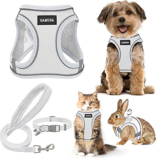 GAMUDA Small Pet Harness Collar and Leash Set, Step in No Chock No Pull Linen Fabric Soft Mesh Dog Vest Harnesses Reflective for Dogs Puppy Cats Kitten Rabbit (White, XXS)