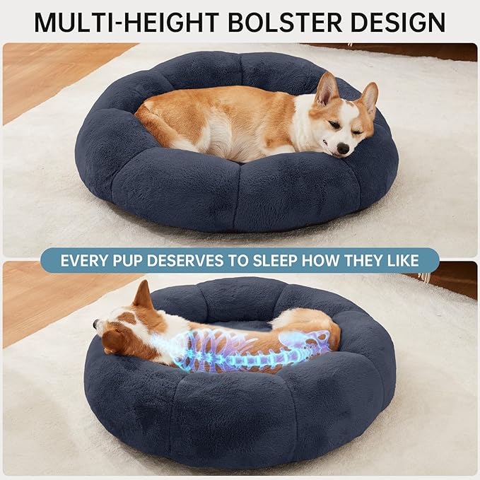 OhGeni 31 inches Calming Donut Orthopedic Dog & Cat Bed for Medium Pets, Warming Comfort Fluffy Short Pile Fur, Durable Waterproof Machine Washable Removable Cover, Cute Round Bed for Puppy, Blue