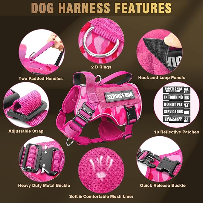 WINSEE Tactical Dog Harness for Large Dog, Heavy Duty Service Dog MOLLE Vest with 10 Pet Patches, No Pull Military Working Vest for Training Hunting Walking