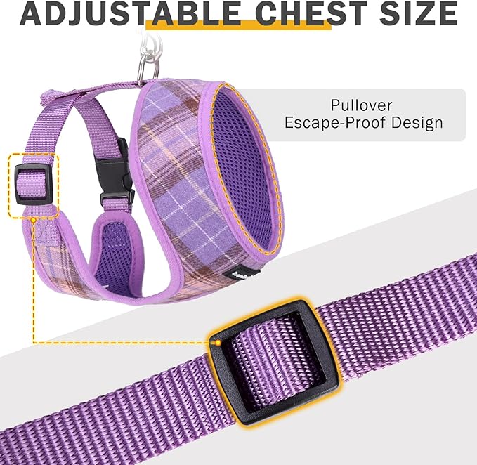SCENEREAL Puppy Dog Harness with Leash Set for Small Medium Sized Dogs, Soft Mesh Step in Pet Harnesses and Leash, No Chock Plaid Adjustable No Pull Vest for Dogs Cats, Chihuahua,Bulldog (Purple XS)