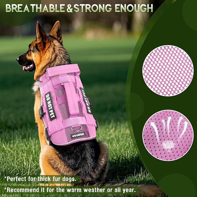 WINSEE Mesh Dog Harness with 10 Pet Patches for Large Service Dog in Training, Breathable Tactical Molle Vest with Double Handle, Reflective Military Pet Vest for Walking Hiking