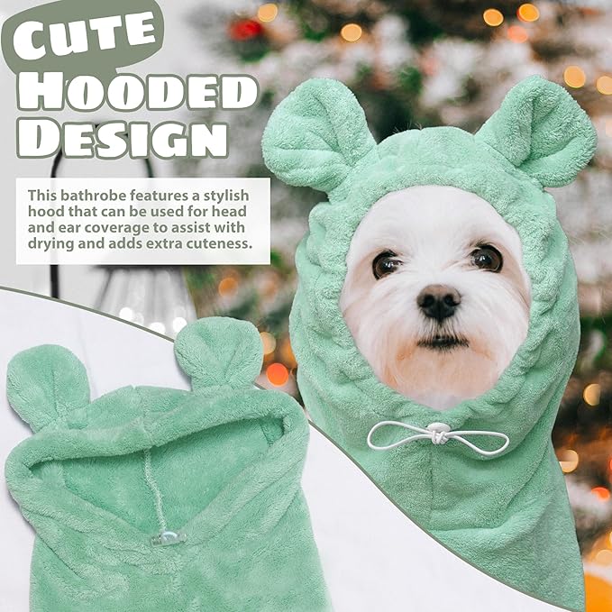 Dog Bathrobe Super Absorbent Towel Robe - Microfiber Bath Towels Fast Drying Coat for Dogs, Cute Dogs Clothes Adjustable Collar & Belly Strap Warm Keeping Hooded Dog Towel (Light Green, X-Large)