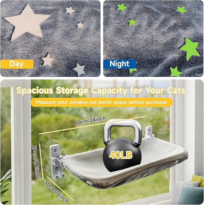 Homegroove 2 Pack Cat Window Perch, 24 x 12 Inch Foldable Cat Hammock for Window with Sturdy Metal Frame, Cordless Window Bed for Resting Seat for Indoor Cats (Grey-with Star Pattern, 24 x 12 Inch)