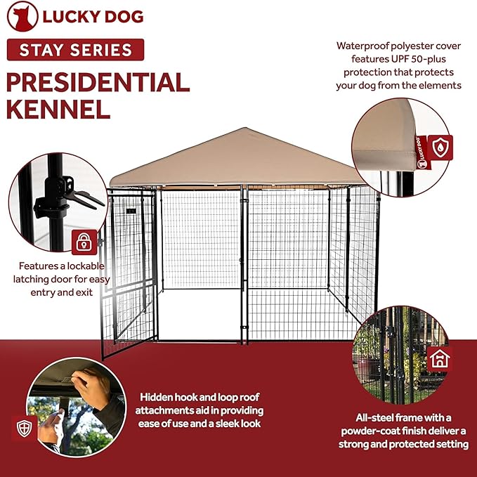 Lucky Dog Presidential Black Powder Coat Steel Frame Large Outdoor Dog Kennel with Waterproof Canopy Roof and Gate Door, Khaki