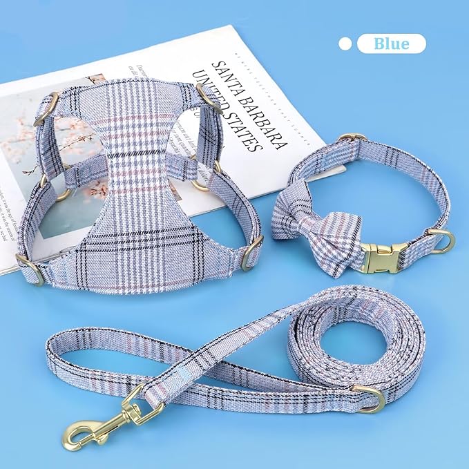 Beirui Cute Extra Small Dog Harness Collar and Leash Set with Bowtie, Soft Adjustable Plaid Puppy Harness for Small Sized Dogs Cats Walks Parties and Photoshoots(Blue,XXS:Chest 12-14")