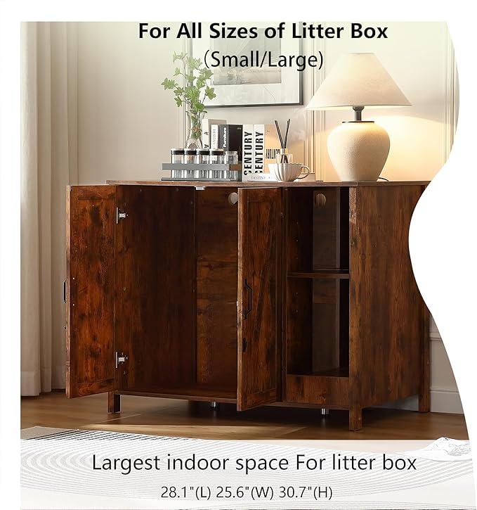 Large Cat Litter Box Enclosure with Litter Collector,Cat Litter Enclosure for Self-Cleaning Litter Boxes,Adjustable Shelf for Dog Proof,Power Outlet,Wooden Cat House,Brown Rustic