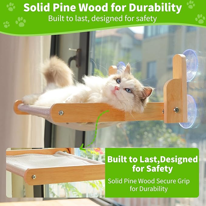 Cat Window Perch with Wooden Frame – Aloxina Foldable Cat Hammock Bed for Indoor Cats, Breathable Sandwich Mesh Cover, Strong Suction Cups, No Drilling, Supports Large Cats