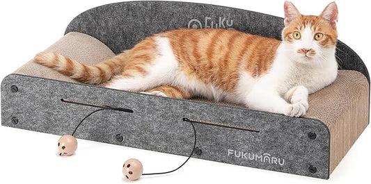FUKUMARU 26 Inch Cat Scratcher Cardboard Lounge Bed, 2 Reversible Cat Scratch Pads Refill for Indoor Cats, Durable Cats Scratching Boards Extra Large Lounger Bed Sofa Couch with Ball Toy, Grey