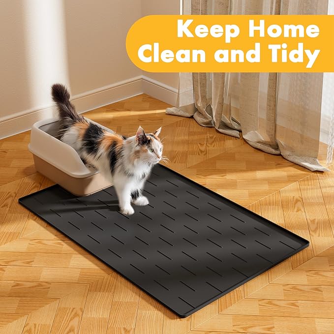 Pieviev Silicone Cat Litter Trapping Mat, 34''x22'' Large Cat Litter Mat, Easy to Clean & Soft on Kitty Paws, Waterproof Kitty Litter Pads for Indoor Cats, Black