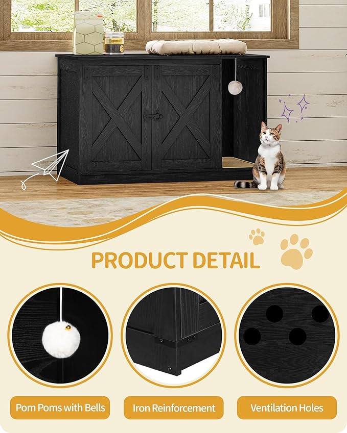 Cat Litter Box Enclosure, Hidden Litter Box Cabinet Furniture with Bell, Indoor Cats House, Farmhouse Style, 39.4 x 21.7X 24.8 Inches for Hallway, Bedroom, Black CB85204X