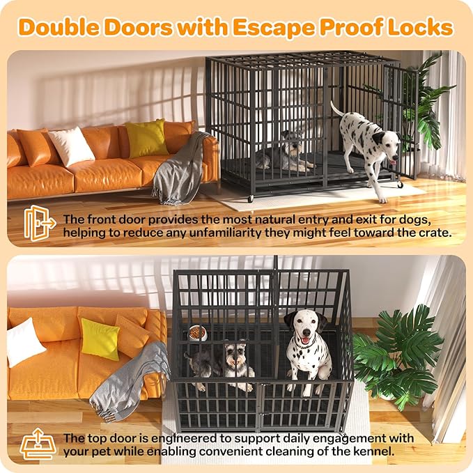Heavy Duty Dog Crate 60 Inch, Indestructible Dog Crate with Removable Tray, Escape Proof & High Anxiety Dog Kennel Indoor, Metal Dog Cage with Wheels for Large Dogs, XL XXL XXXL