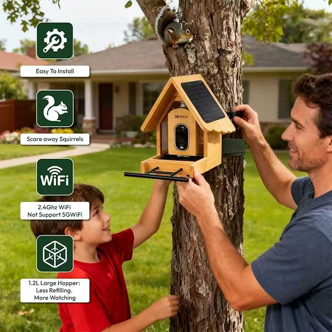 Bamboo Bird Feeder with Camera, 2K HD, Auto AI Identify 2800+ Birds, Solar-Powered, Night Vision, Real-Time Alerts, Family/Friend Sharing, Gift for Nature Lovers