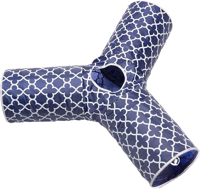 Cat Tunnel - Collapsible 3 Way Quatrefoil Play Toy - Tube Fun for Rabbits, Kittens, and Dogs - Quatrefoil Navy/White