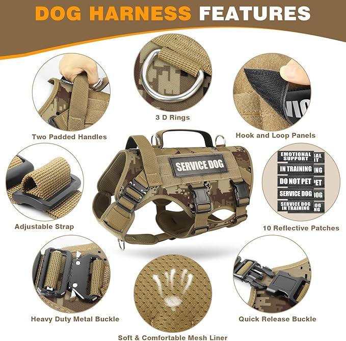 WINSEE Tactical Dog Harness with Dog Leash, Service Working MOLLE Vest with 10 Pet Patches for Dog, No Pull Military Harness and Backpack for Training Hunting Walking