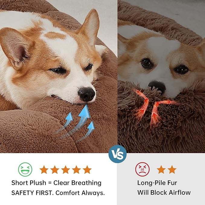 OhGeni 31 inches Calming Donut Orthopedic Dog & Cat Bed for Medium Pets, Warming Comfort Fluffy Short Pile Fur, Durable Waterproof Machine Washable Removable Cover, Cute Round Bed for Puppy, Brown