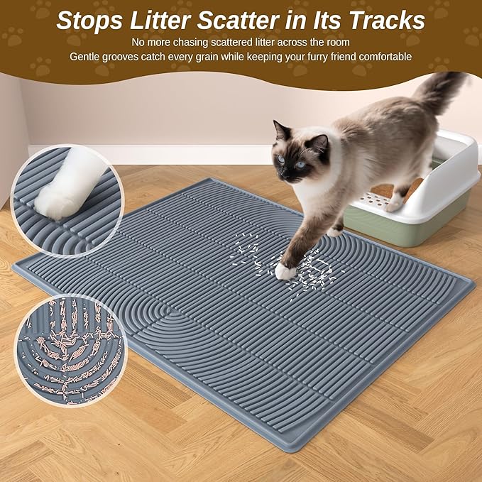 Cat Litter Mat XL Extra Large 47" x 35" Coverage | Waterproof Litter Trapping Mat for Litter Box | Deep Groove & Raised Edges, Easy Clean, Non-Slip Kitty Mat + Bonus Cat Collar