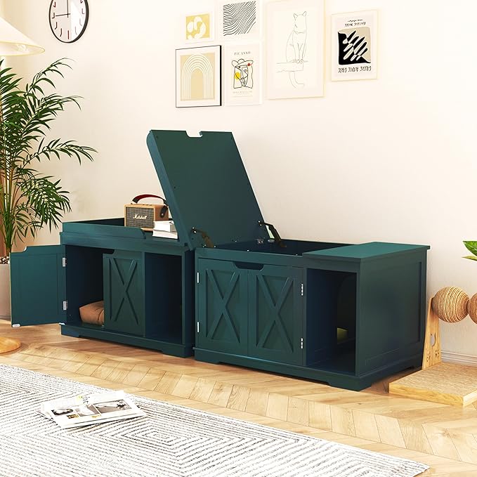 Flip Top Cat Litter Boxes Enclosure Covered Litter Box Hidden Furniture Wooden Cat Washroom Cabinet for Kitty, Medium and Large Cat Green