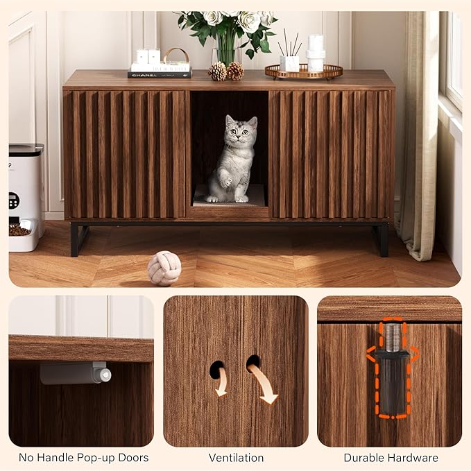 Double Litter Box Enclosure,Modern Cat Litter Box Enclosure for 2 Cats, Hidden Litter Box with Cat Scratch Pad, Cat Washroom Cat House End Table, Entryway Bench for Livingroom (Brown)