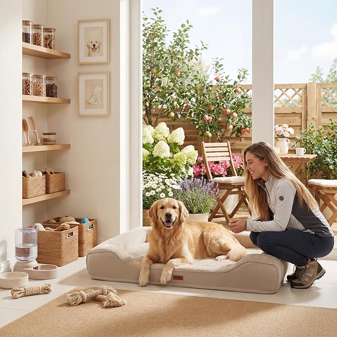 Cooling Orthopedic Extra Dog Beds with Washable Removable Cover,Cool Gel Memory Foam Couch Bed for Jumbo Dogs with Non-Slip Bottom and Egg-Crate Foam Big Waterproof,48.0" LX30.0 WX9.0 Th Beige