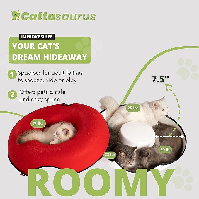 Cattasaurus Peekaboo Cat Cave Donut for Multiple & Large Cats up to 30-45 lbs, 3-in-1 Self Warming Cat Bed, Tunnel & Scratcher for Indoor Cats, Washable & Detachable Dog Bed (Ruby Snowball, Large)