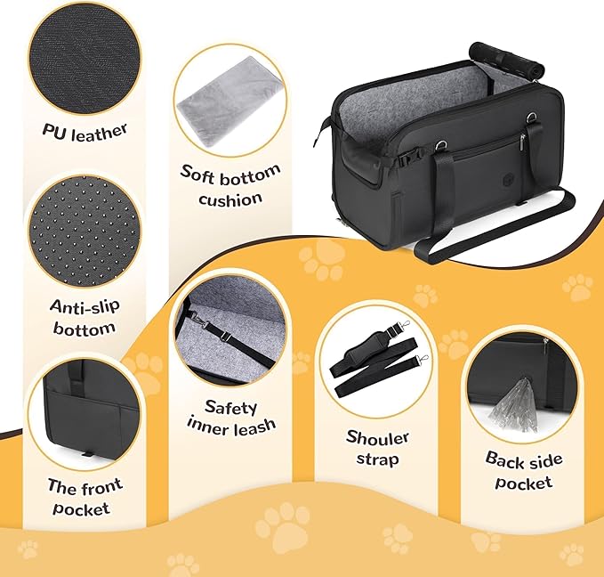 YUDODO Large Dog Car Seat for Center Console (Width＞9.5in) Fits 10-20lbs, Anti-Slip Puppy Cat Travel Portable Booster Seat, Luxury Pet Car Bed Carseat PU Leather Black